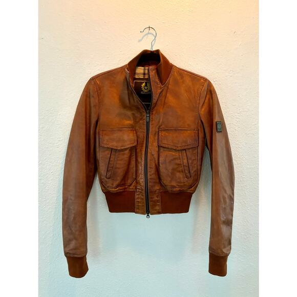 Belstaff x J. Crew Leather Bomber Moto Jacket Brown Women’s XS 2 - Picture 3 of 6